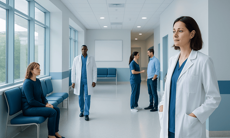 Medical professionals and patient in hospital corridor at Acibadem Hospitals Group.