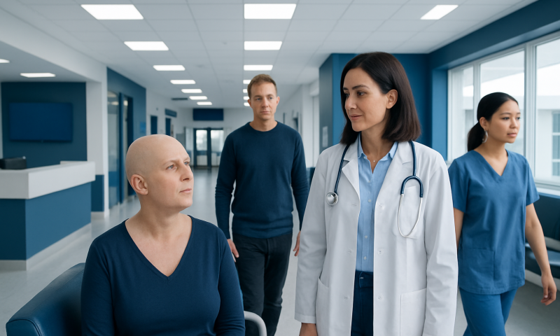 Female patient consulting with doctor in hospital corridor.