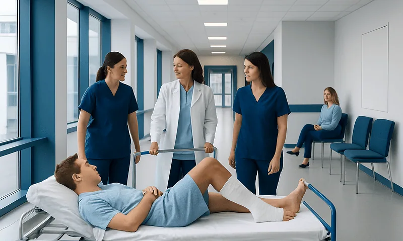 Patient with leg injury being examined by medical staff in hospital corridor.