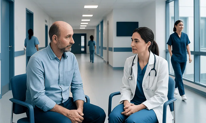 Doctor consulting with a patient in a hospital corridor.