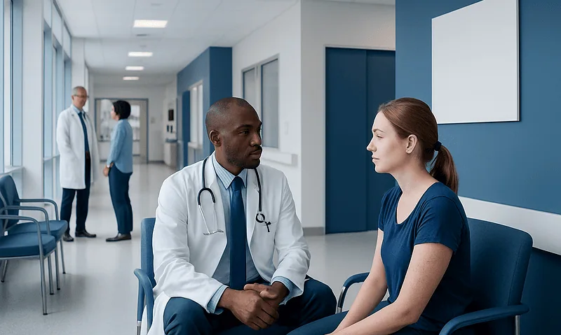 Doctor consulting with a young female patient in a hospital corridor.