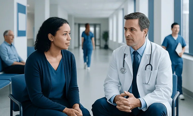 Doctor consulting with a patient in a hospital corridor.