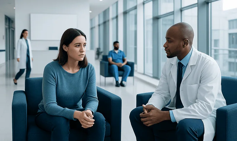 Psychologist and patient in a therapy session at Acibadem Hospital.