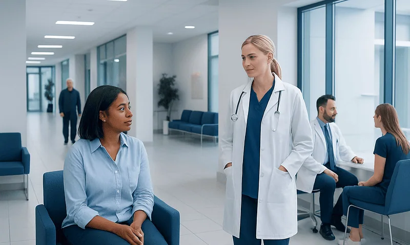 Doctor consulting patient in hospital waiting area.