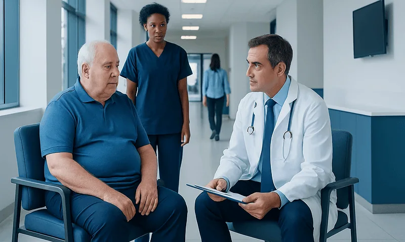 Doctor consulting elderly patient in hospital corridor.