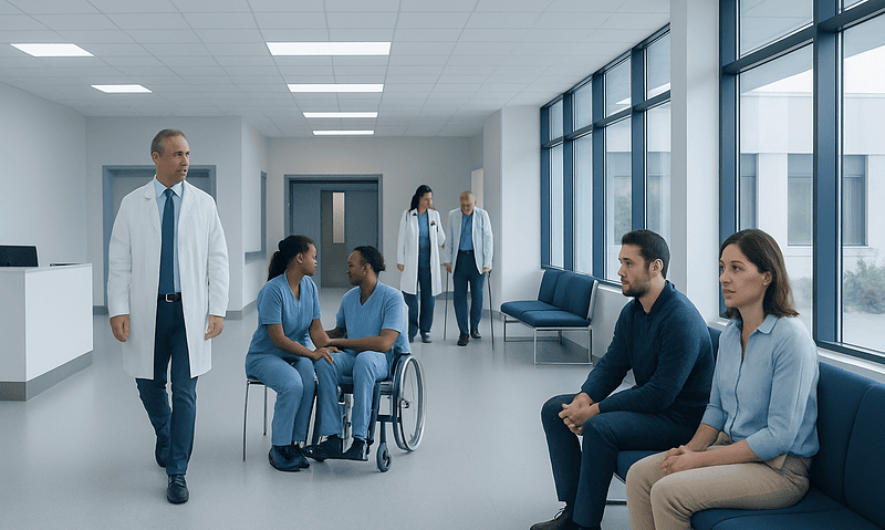 Hospital waiting area with medical staff and patients.