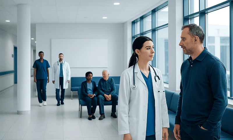 Doctor and patient talking in hospital corridor with medical staff in background.