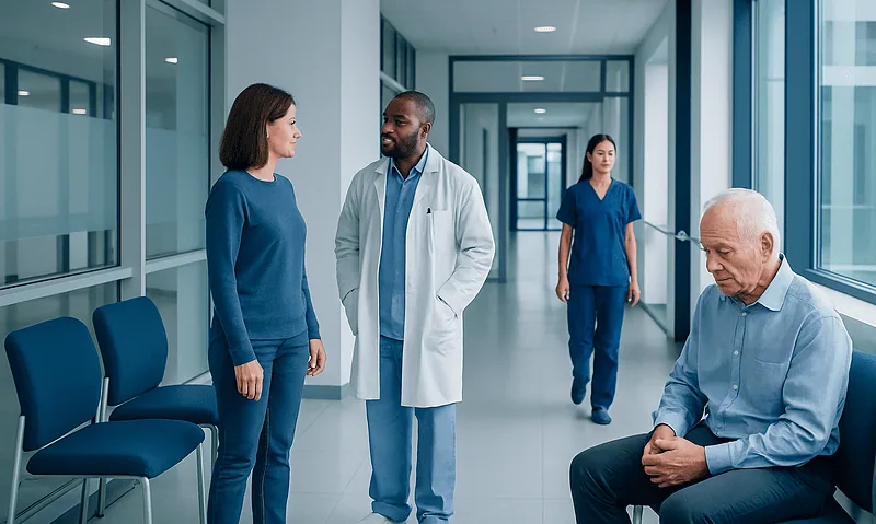 Medical staff and patient in hospital corridor at Acibadem Hospitals Group.