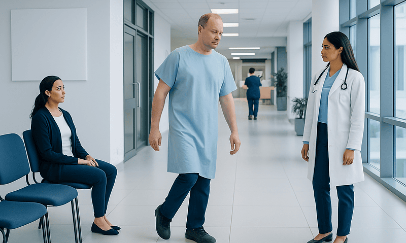 Patient walking with gait assessment in hospital corridor with medical staff.