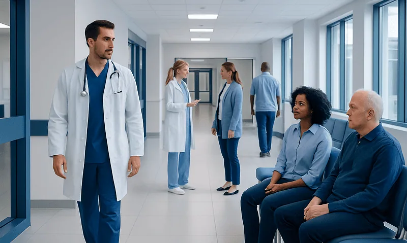Medical staff and patients in a modern hospital corridor.