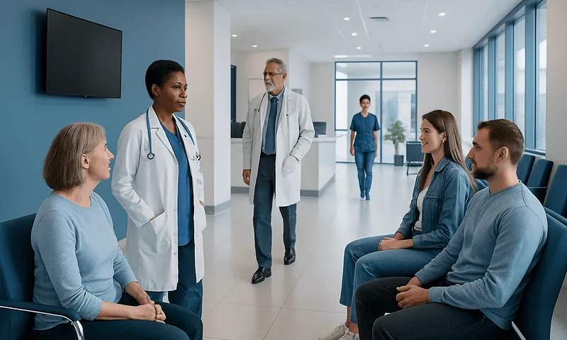 Medical consultation in a modern hospital with diverse healthcare professionals and patients.