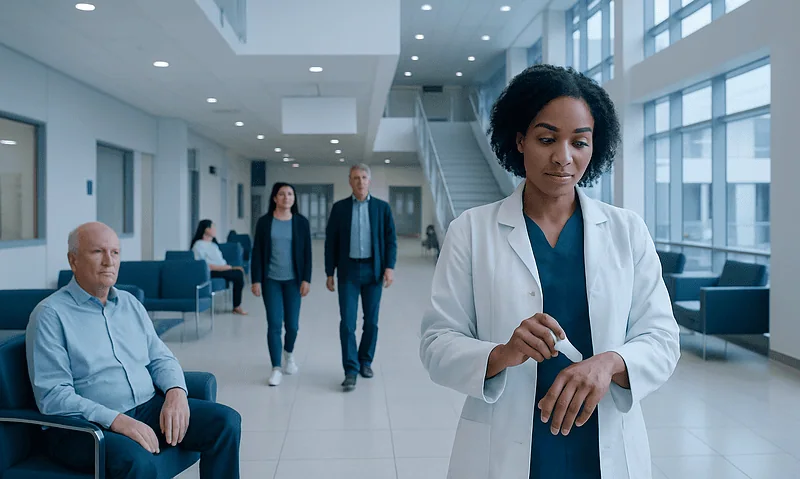 Healthcare professional checking her watch in a modern hospital lobby.