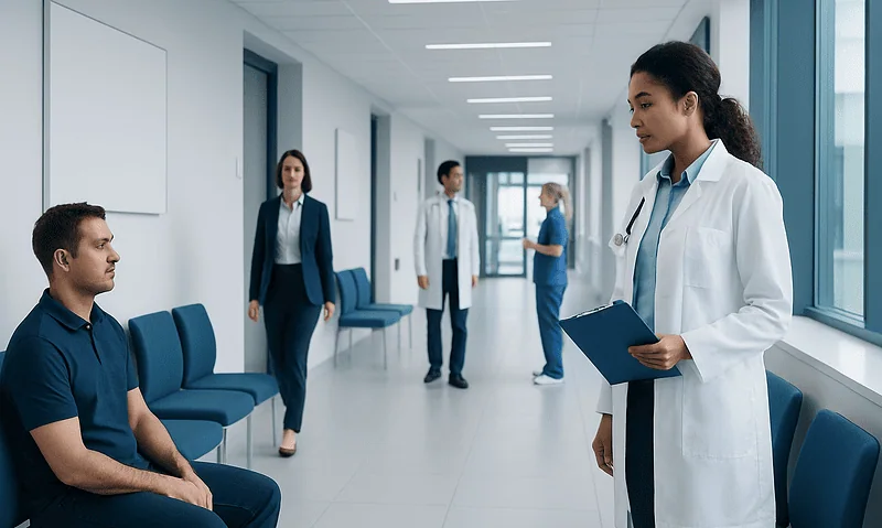 Medical professionals and patient in hospital corridor for Triamcinolone treatment discussion.