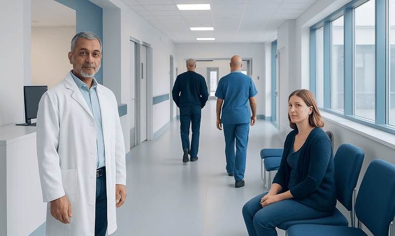 Medical professionals and patient in hospital corridor at Acibadem Hospitals Group.