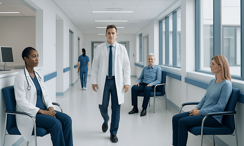 Medical professionals and patients in a hospital corridor at Acibadem Hospitals Group.