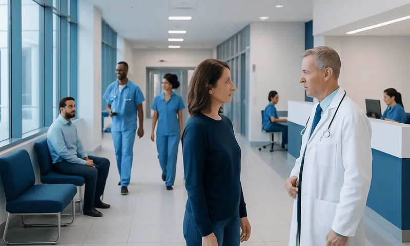 Doctor talking to a female patient in a modern hospital corridor.