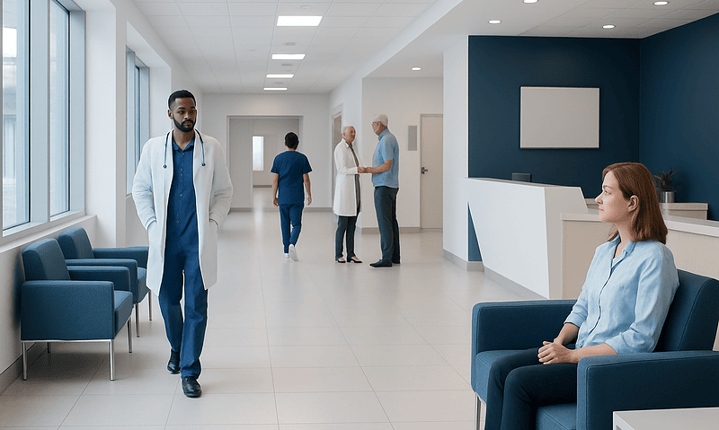 Modern hospital corridor with medical staff and patient seating area.