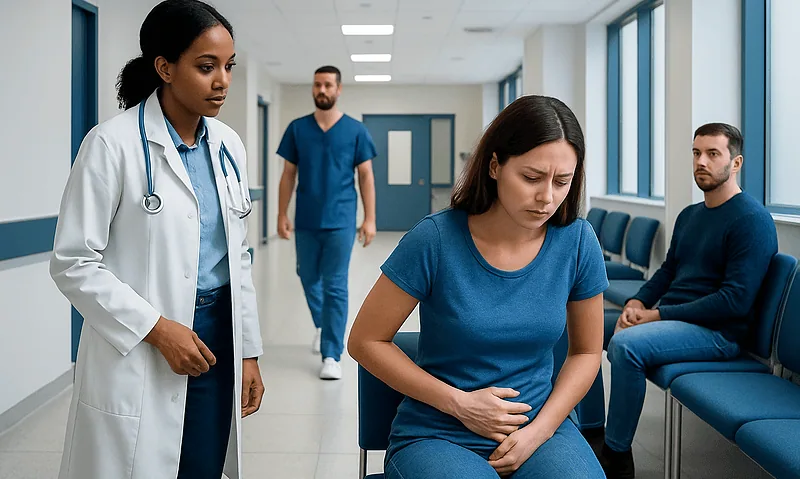 Patient experiencing abdominal pain in a hospital corridor with medical staff nearby.