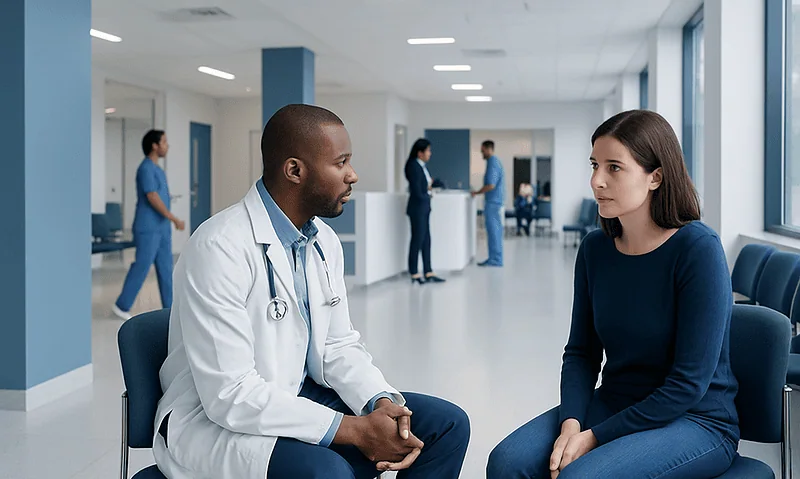 Doctor consulting with a patient in a modern hospital corridor.