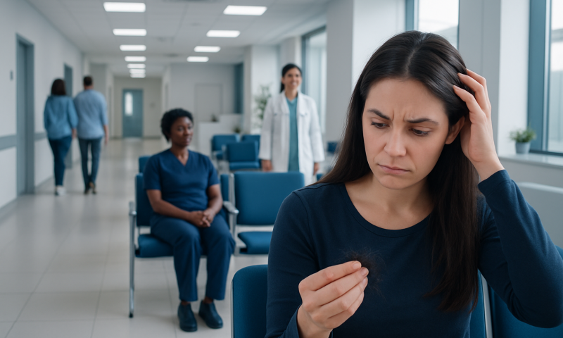 Young woman with hair loss worries in hospital waiting area.