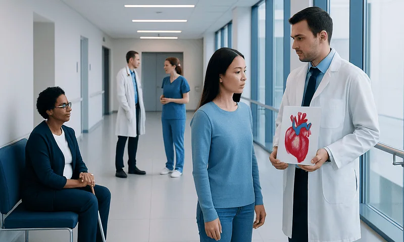 Doctor explaining heart anatomy to patient in hospital corridor.
