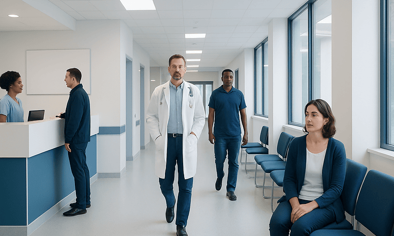 Medical professionals and patients in a modern hospital corridor at Acibadem Hospitals Group.