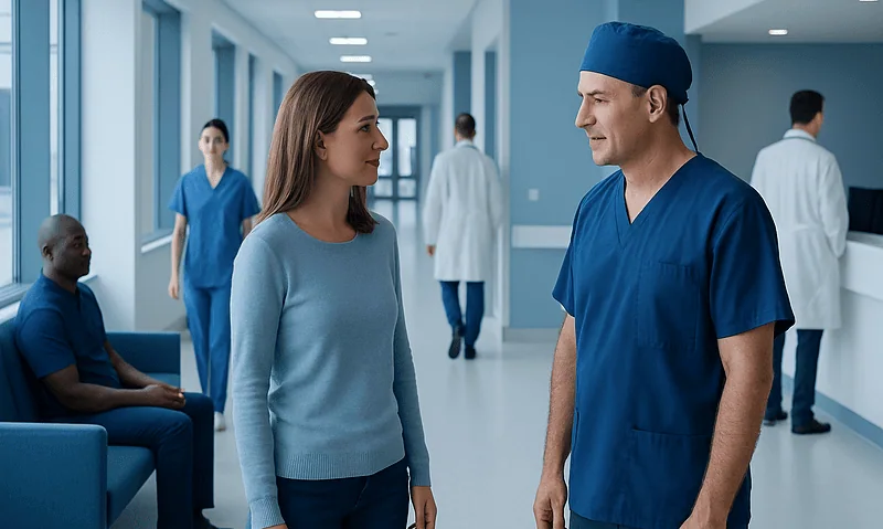 Doctor and patient talking in hospital corridor with medical staff in background.