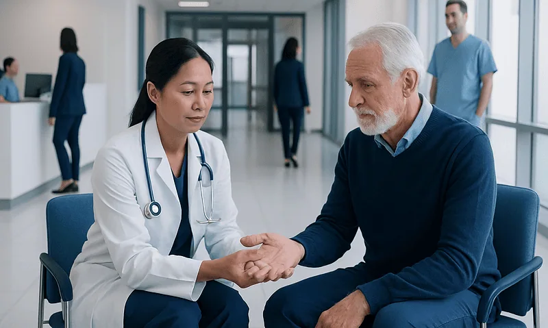 Doctor examining a patient's hand in a hospital setting.