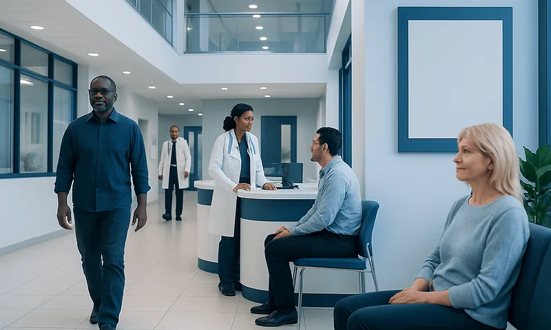 Diverse medical team consulting with patient in hospital lobby.