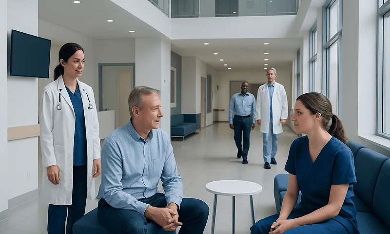 Triglycerides Blood Test: What Low and High Levels Mean — and What to Do Next 12 Medical consultation in a modern hospital corridor with doctors and patient.