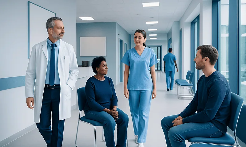 Medical team consulting with patient in hospital corridor.