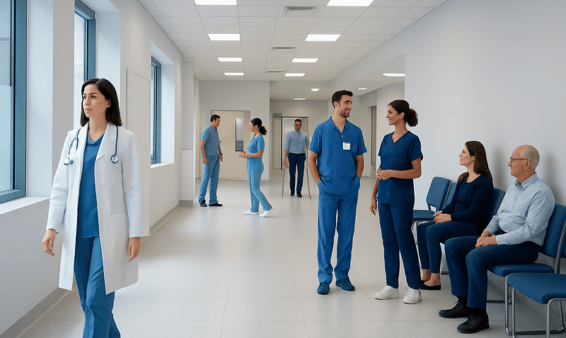 Healthcare professionals and patients in a modern hospital corridor.