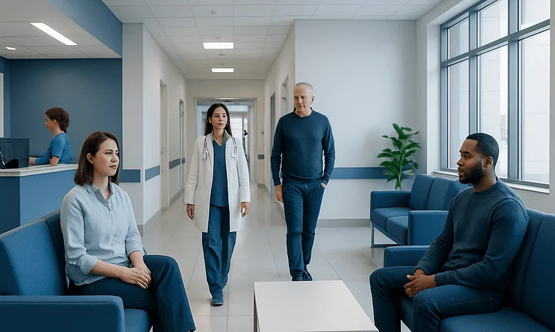 Hospital waiting area with patients and staff in a modern medical facility.