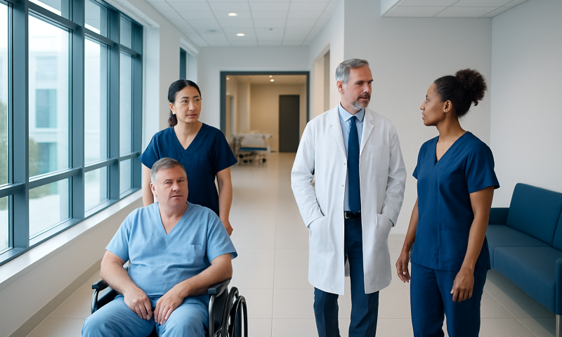 Medical team discussing patient care in hospital corridor.