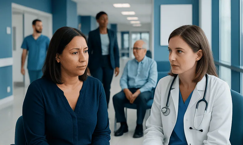Doctor consulting a patient in a hospital corridor with medical staff in background.
