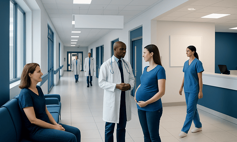 Pregnant woman consulting with doctor in hospital corridor.