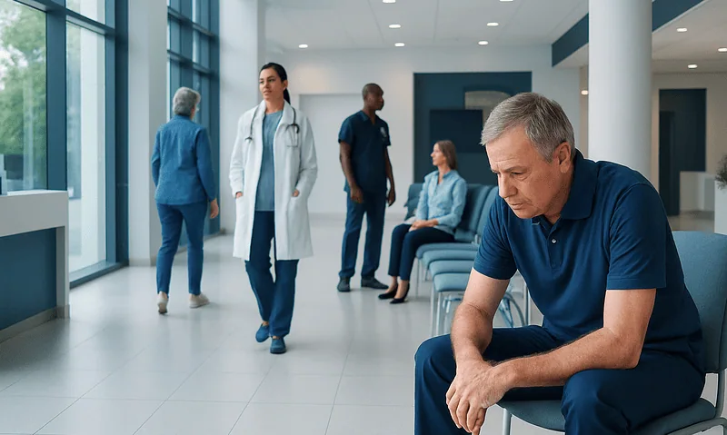 Patient waiting in hospital corridor with medical staff nearby.