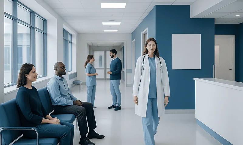 Medical staff and patients in a modern hospital corridor.