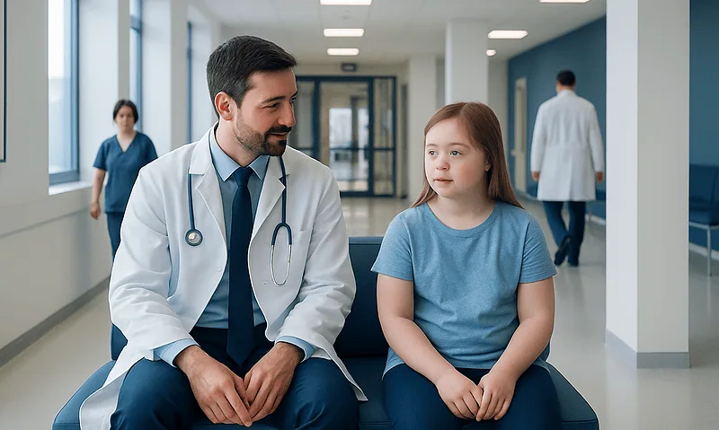 Pediatric doctor consulting young girl in hospital corridor.