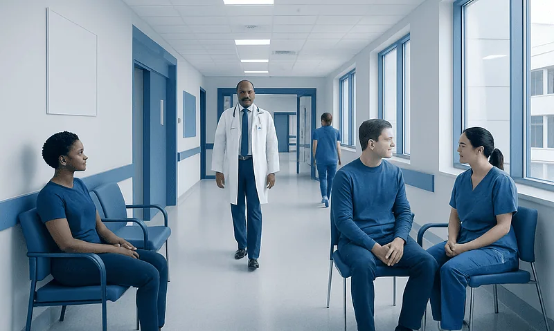 Medical professionals and patients in a hospital corridor at Acibadem Hospitals Group.