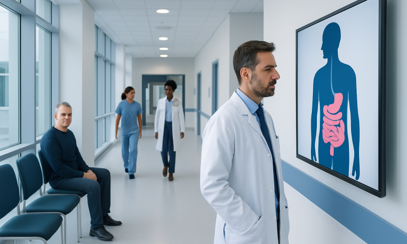 Doctor analyzing digestive system diagram in hospital corridor.