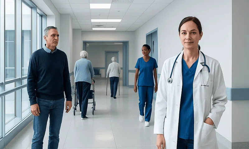 Healthcare professionals and patients in a hospital corridor at Acibadem Hospitals Group.
