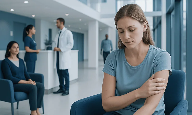Young woman receiving a vaccination in a modern hospital waiting area.