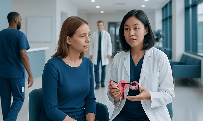 Doctor explaining gynecological model to patient in hospital corridor.