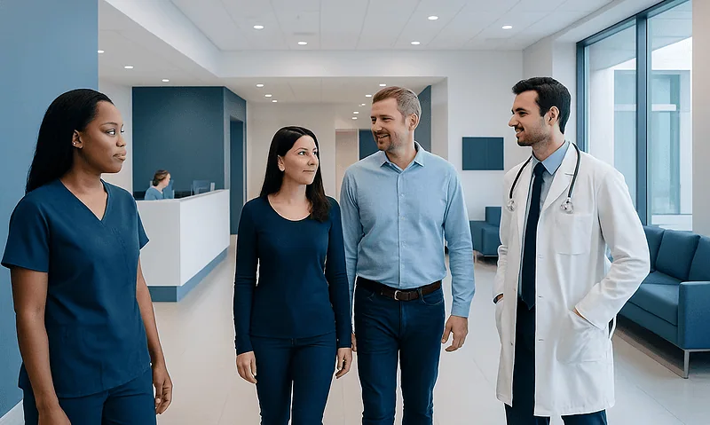 Medical team discussing patient care in a modern hospital lobby.