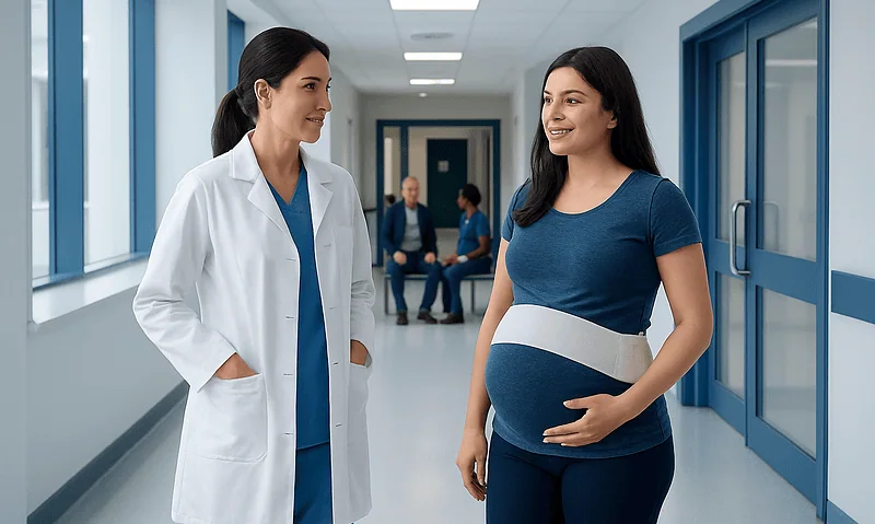Pregnant woman talking to doctor in hospital corridor.
