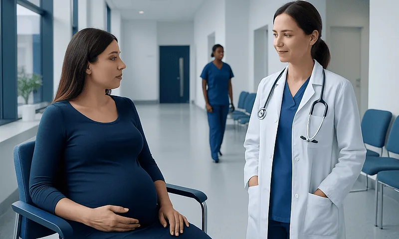 Pregnant woman consulting with a doctor in a hospital corridor.