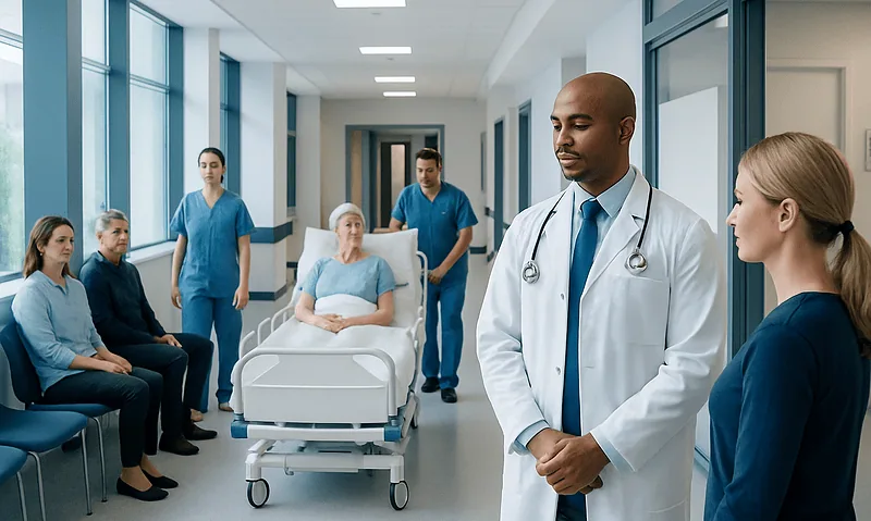 Medical team consulting with patient in hospital corridor.
