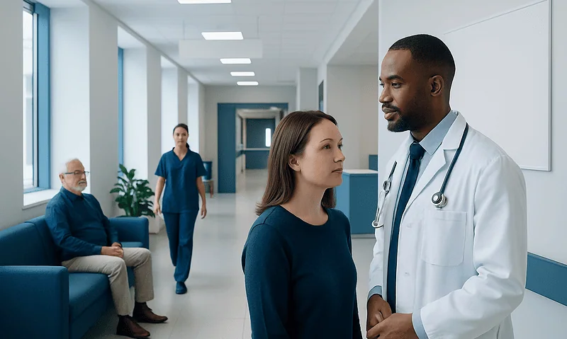 Doctor consulting a patient in a hospital corridor with staff and waiting area.
