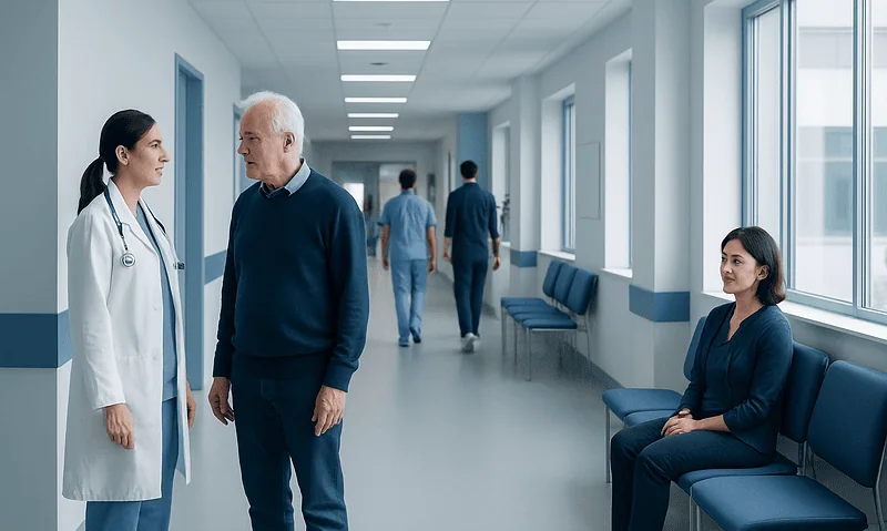 Doctor consulting with elderly patient in hospital corridor.
